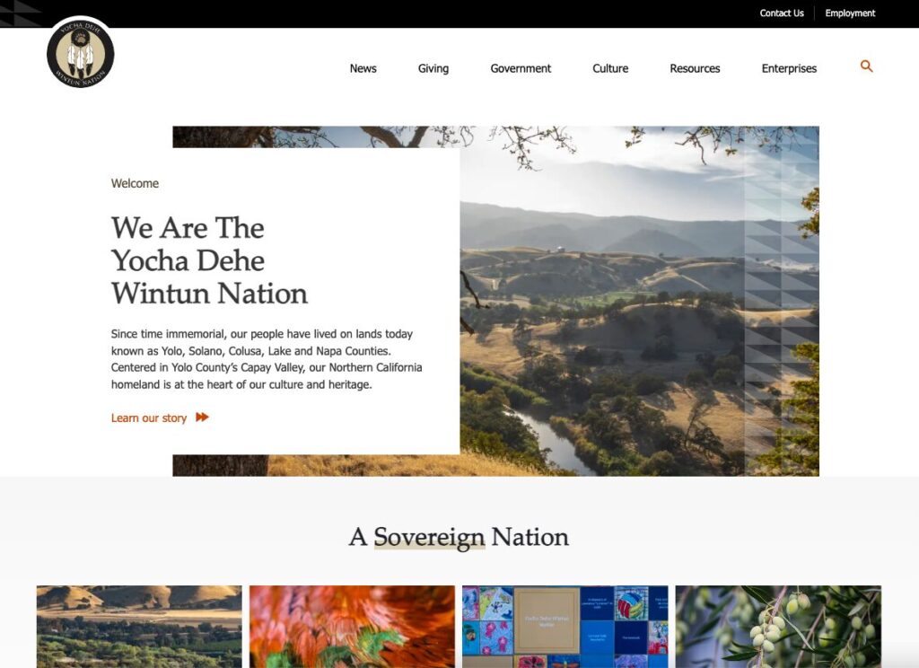 home page for the Yocha Dehe Wintun nation website